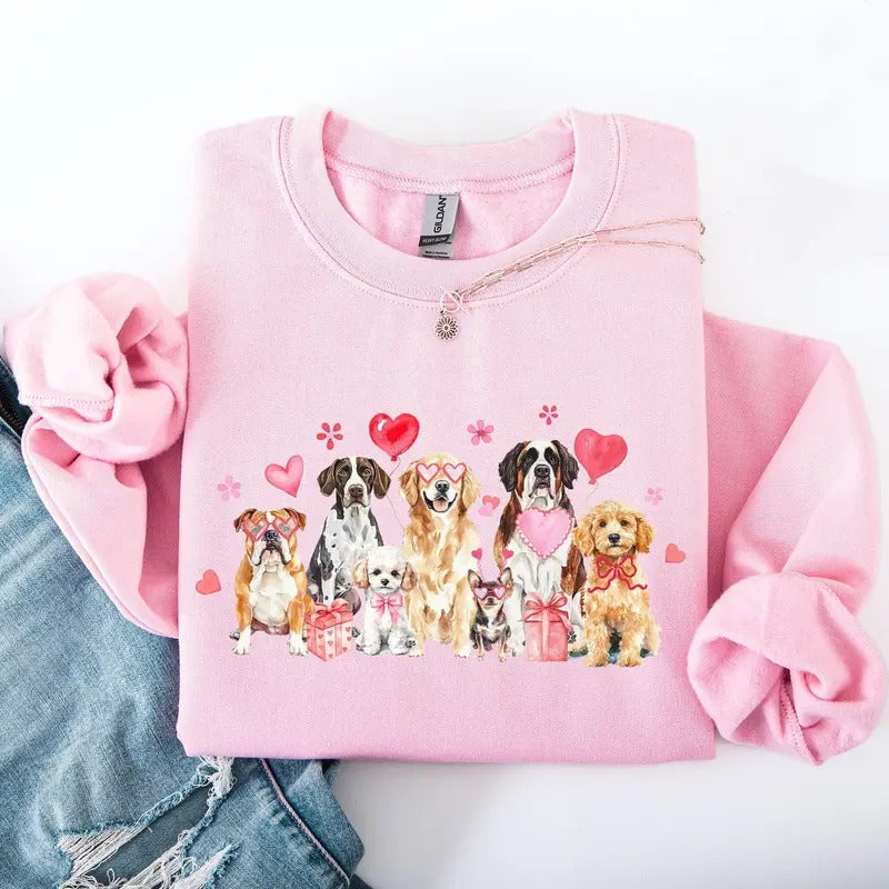 Valentine's Dogs, Cute, Animal Lover, Hearts, Love Sweatshirt, Crew Neck, Women's, Crewneck, Valentine's Day, Love,...