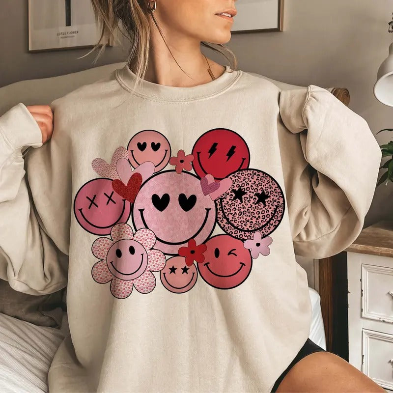 Valentine's Smiley Faces Sweatshirt, Love Smile Cowboy T-Shirt, Heart Roses Valentine's Day Crewneck, Romantic Clothing...
