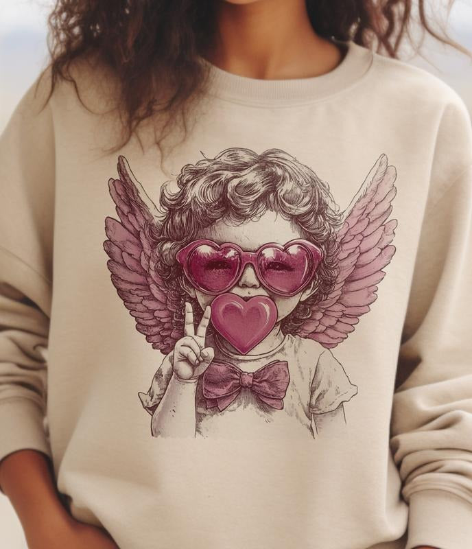 Valentines Bubblegum Cupid Sweatshirt Cute Angel Sunglasses Pullover Valentine Peach Cupid Sweatshirt Love Cupid Bow Tie...