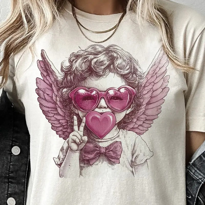 Valentines Bubblegum Cupid Tee Cute Angel Sunglasses Tshirt Valentine Peach Cupid T-shirt Love Cupid Bow Tie Top Ladies...