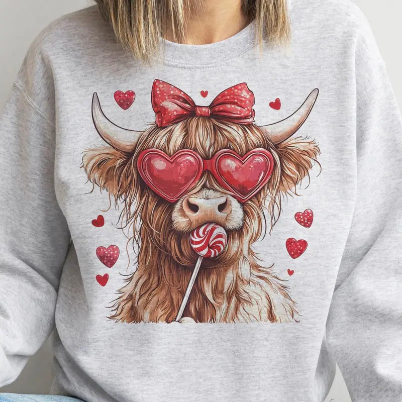 Valentines Highland Cow Sweatshirt  Retro Coquette Cow Pullover Country Valentine Cow Sweatshirt Heart Sunglasses Red Bow...