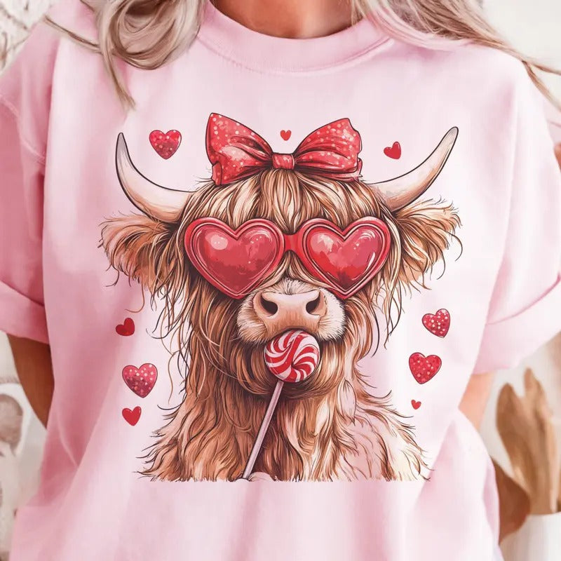 Valentines Highland Cow Tee Retro Coquette Cow Tshirt Country Valentine Cow Top Heart Sunglasses Red Bow Cow T-Shirt Love...
