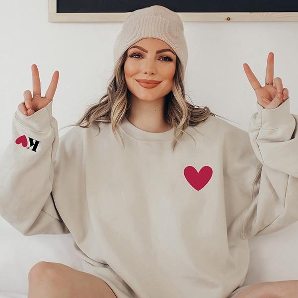Valentines Sweatshirt for Women with Initial on Sleeve Valentines Day Sweatshirt Valentine Gift Valentine Sweatshirt...