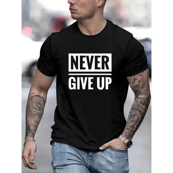 Vibrant Never Give Up Graphic Tee - Men's Breathable Casual Crew Neck Short Sleeve T-Shirt for Summer