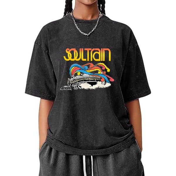 [Vibrant Soul Train Tee] Vibrant Plus Size Fashion T-Shirt - "Soul Train" Graphic, Stretchy Polyester Blend, Round Neck...