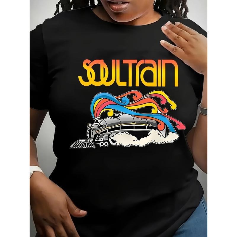 [Vibrant Soul Train Tee] Vibrant Plus Size Women's Fashion T-Shirt - "Soul Train" Graphic, Stretchy Polyester Blend,...