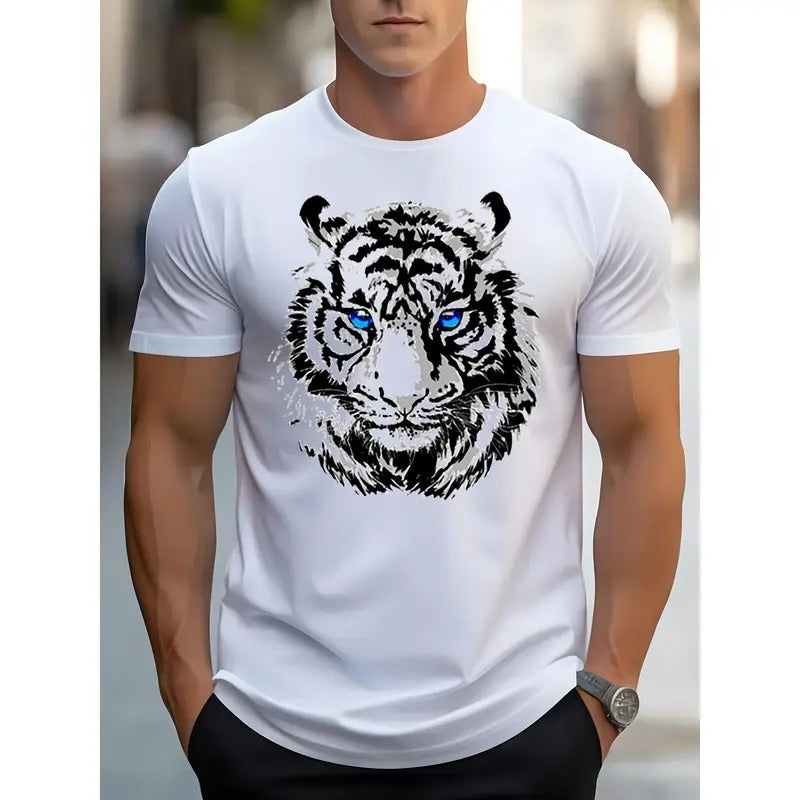 Vibrant White Tiger Graphic Print Round Neck Short Sleeve Unisex T-Shirt