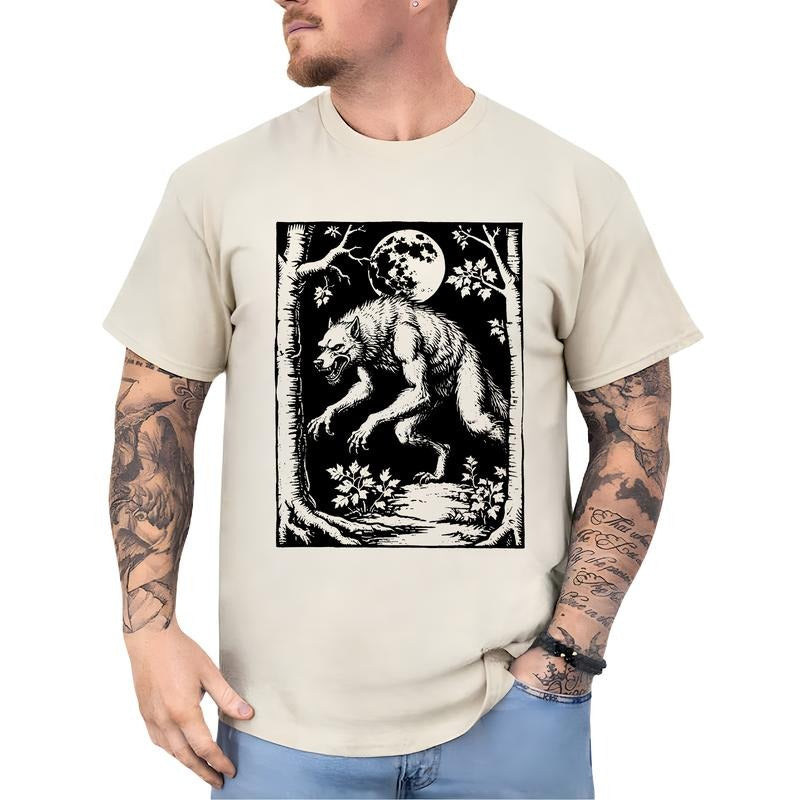 Vintage 90s Gothic Werewolf Shirt for Men, Retro Creepy Devil Wolf Tshirt, Dark Art Monster Grimdark Tops, Spooky Horror...