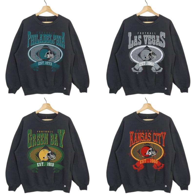 Vintage All Team Football Sweatshirt with Big Words Logo and Graphic Tees for Football Fans Black Color Shirt Unisex...