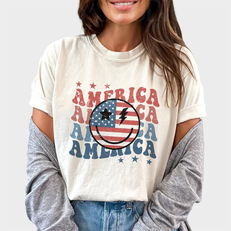 Vintage America Shirt, US Flag Smile Face Shirt, 4th of July Shirt, USA Independence Day Tshirt, Funny Happy Face Tops,...