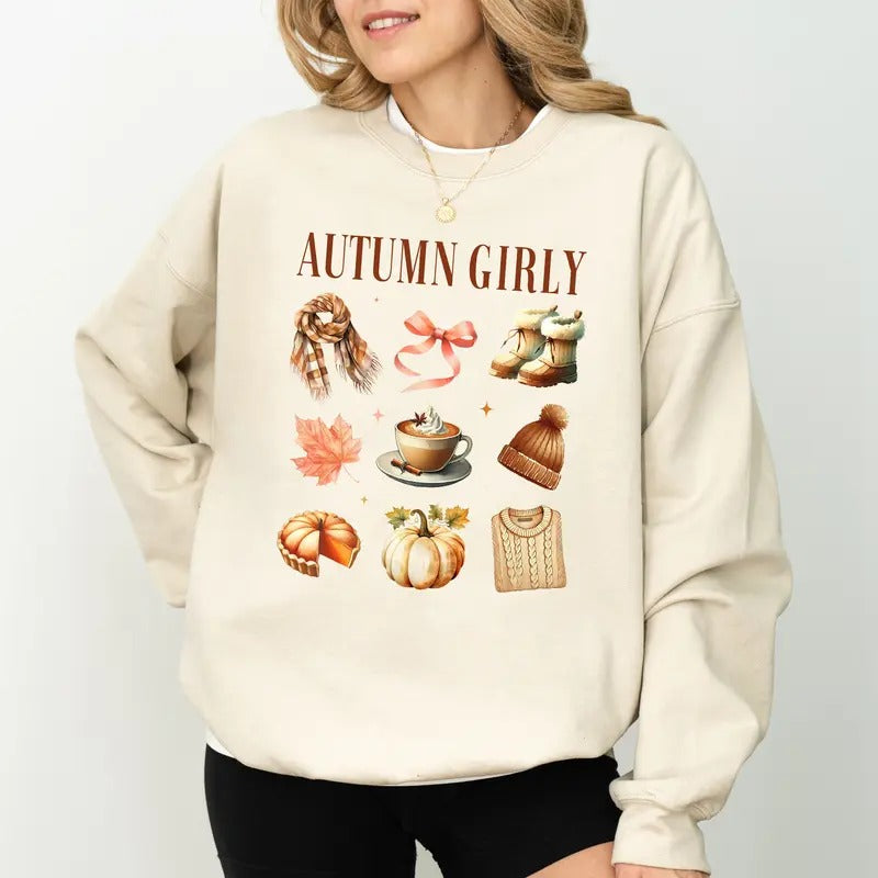 Vintage Autumn Girly Fall Autumn Apparels Retro Fall Autumn Girly Fall Season Comfy Long Sleeve Cute Tops Casual Womenswear Comfort Fabric Cotton Top T-Shirts, Hoodie, Sweatshirt