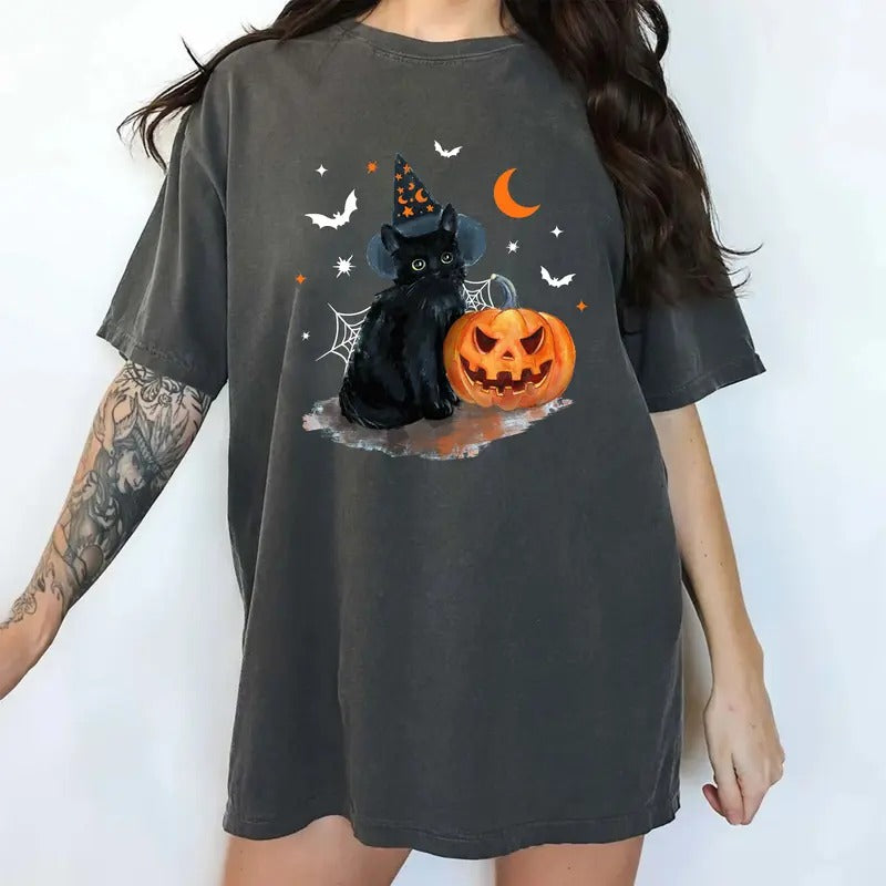 Vintage Black Cat Shirt, Spooky Season Halloween Tee, Jack O Lantern Pumpkin T-shirt, Cat Mom Shirt, Cat Lover Gift...