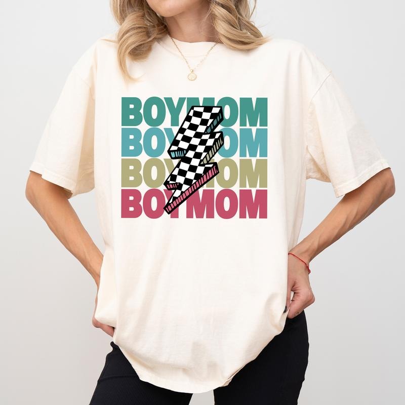 Vintage Boy Mom Comfort Colors Shirt, Cool Boy Mama T-shirt, Retro Checkered Lightning Tee For Mom, Mama Clothing, Gift...