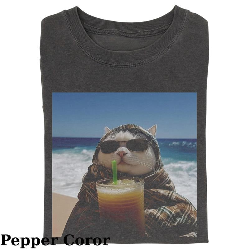 Vintage Cat Drinking Water On The Beach T-Shirt, Fantasy Kitten Tshirt, Cute Cat Shirt, Cool Cat Tshirt, Love Cat Tshirt,...