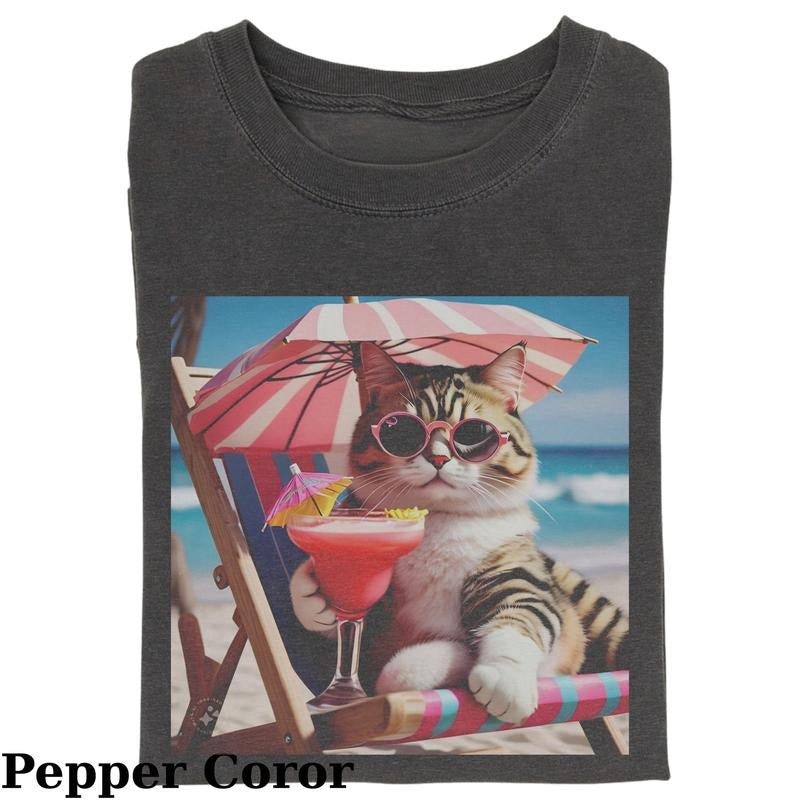 Vintage Cat Drinking Water Beach Fantasy Kitten Cute Cat Shirt Cool Cat Love Cat Meme Cringe Funny Dumb Shirts Summer 2025 Shirt Menswear Womenswear Streetwear T-Shirts, Hoodie, Sweatshirt