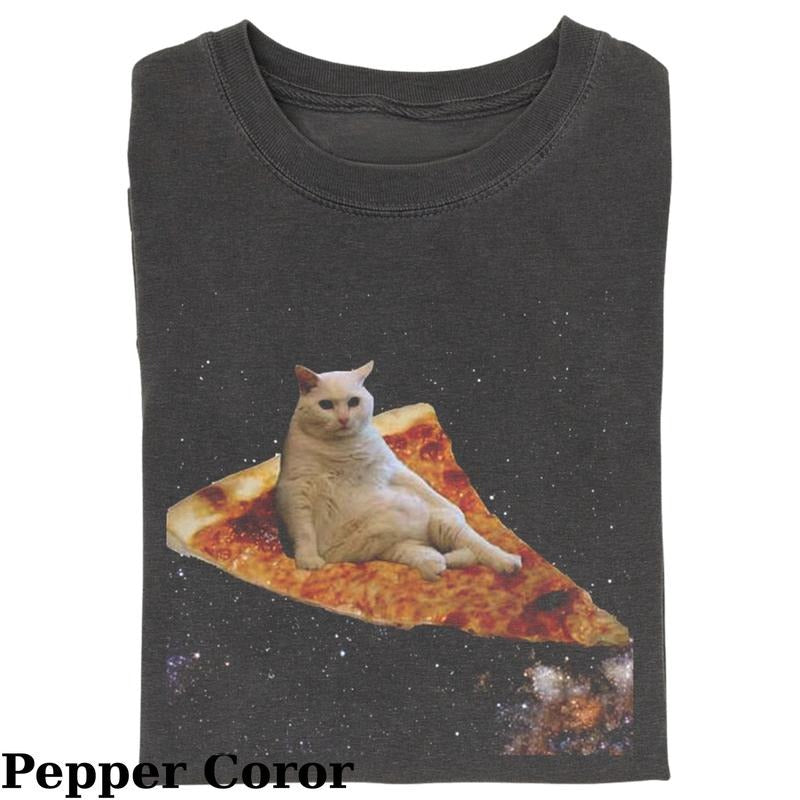 Vintage Cat On Pizza In The Sky Of Stars T-Shirt, Fantasy Kitten Tshirt, Cute Cat Shirt, Cool Cat Tshirt, Love Cat...