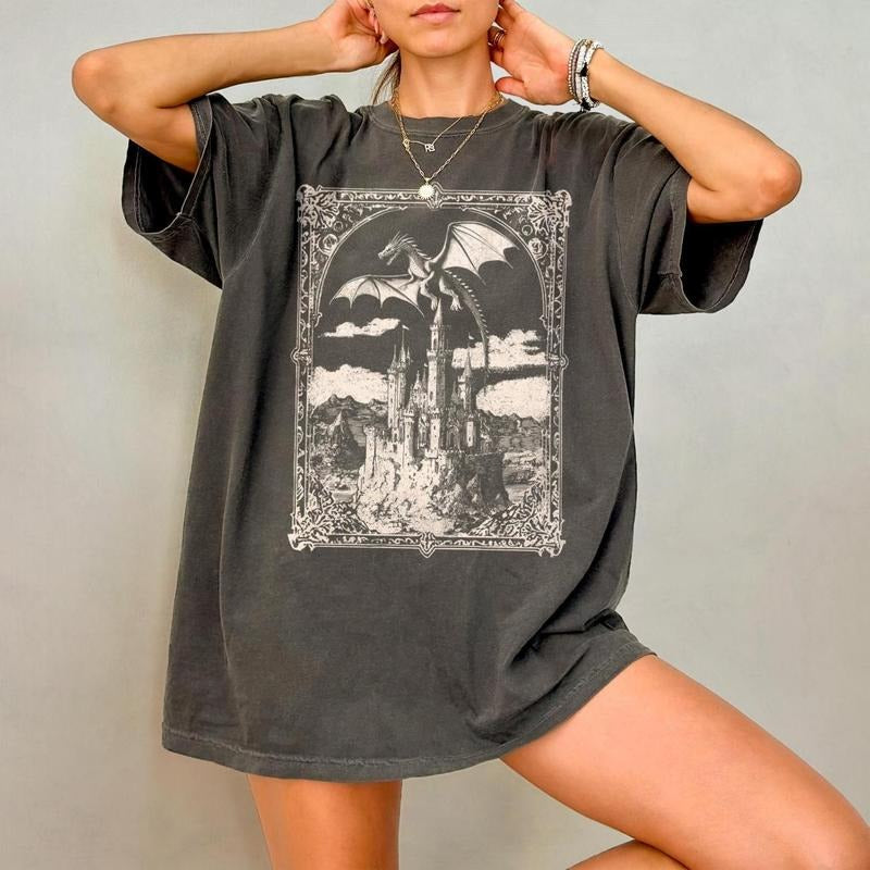 Vintage Dragon Bookish TShirt, Dragon T-Shirt, Dark Medieval Shirt, Artsy Shirt, Gift for Fantasy Reader, Castlecore...