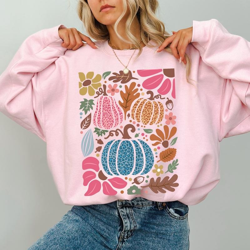 Vintage Fall Leopard Pumpkins Sweatshirt, Autumn Pumpkin Crewneck, Boho Floral Sweaters for Girls, Fall Vibes Tops for...