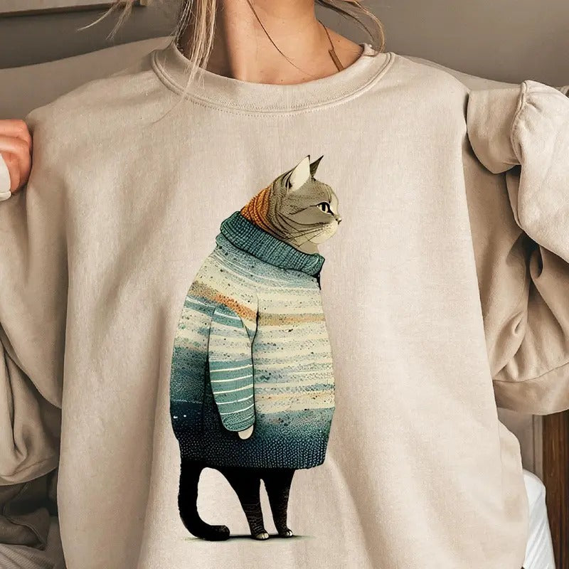 Vintage Fat Gray Cat Sweatshirt, Winter Cat Christmas Sweater, Cute Cat Christmas T-Shirt, Holiday Sweatshirt For Cat...