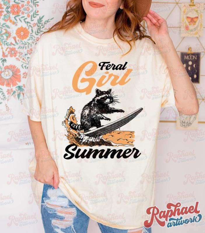 Vintage Feral Girl Summer Racoon Shirt, Funny Coastal Cowgirl Shirt, Western Trash Panda Tshirt, Retro 90s Graphic Tee,...
