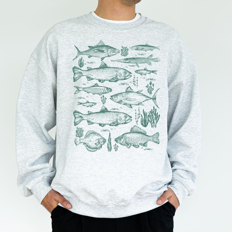 Vintage Fish Tattoo Style Men Sweatshirt, Retro Fisher Crewneck, Fishing Long Sleeved Pullover, Fishing Lovers Sweater,...