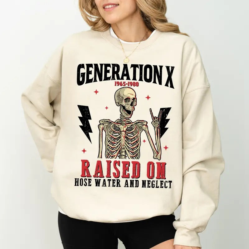 Vintage Generation X Gen X Raised Hose Water Neglect Retro Skeleton Long Sleeved T-Shirts, Hoodie, Sweatshirt