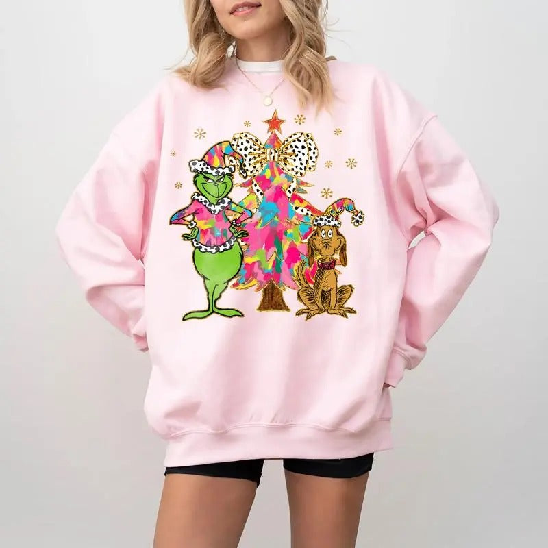 Vintage Greench Christmas Tree Coquette Bow Crewneck Sweatshirt, Whimsical Greench Guy Xmas Tee, Retro Christmas,...