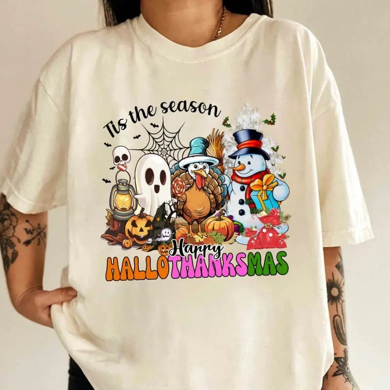 Vintage Happy Hallothanksmas Shirt, Happy Halloween Thanksgiving Christmas Shirt, Holiday Season, Funny Halloween Gift,...