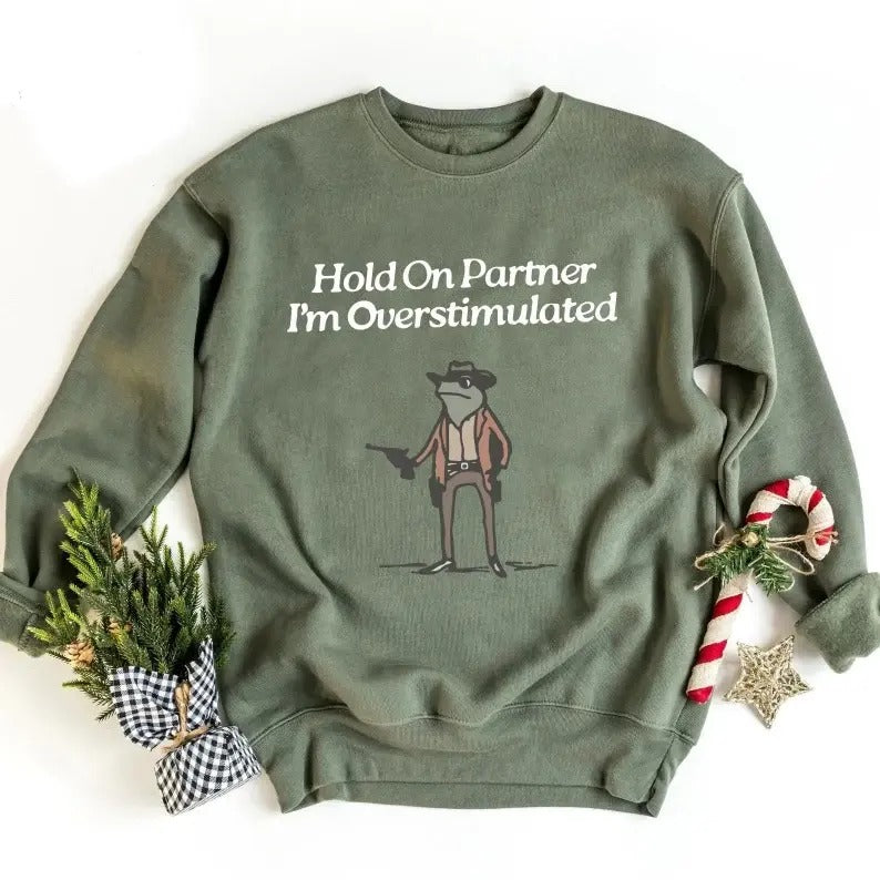 Vintage Hold On Partner I'm Overstimulated Sweatshirt, Retro Cowboy Frog Sweatshirt, Weirdcore Clothing Gen Z Sweater,...