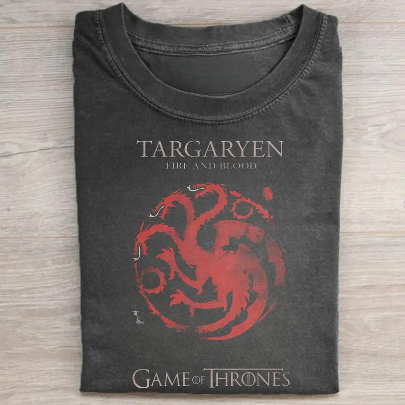 Vintage House Targaryen Fire and Blood Graphic Tee - Game of Thrones Movie Shirt - Rhaenyra Targaryen Shirt