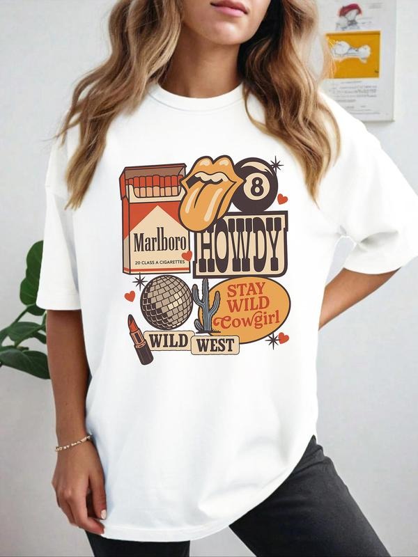 Vintage Patchwork American Hot Girl Trendy T-Shirt, Y2K Retro Mix-And-Match Style, Rock Western Elements Design, Casual...