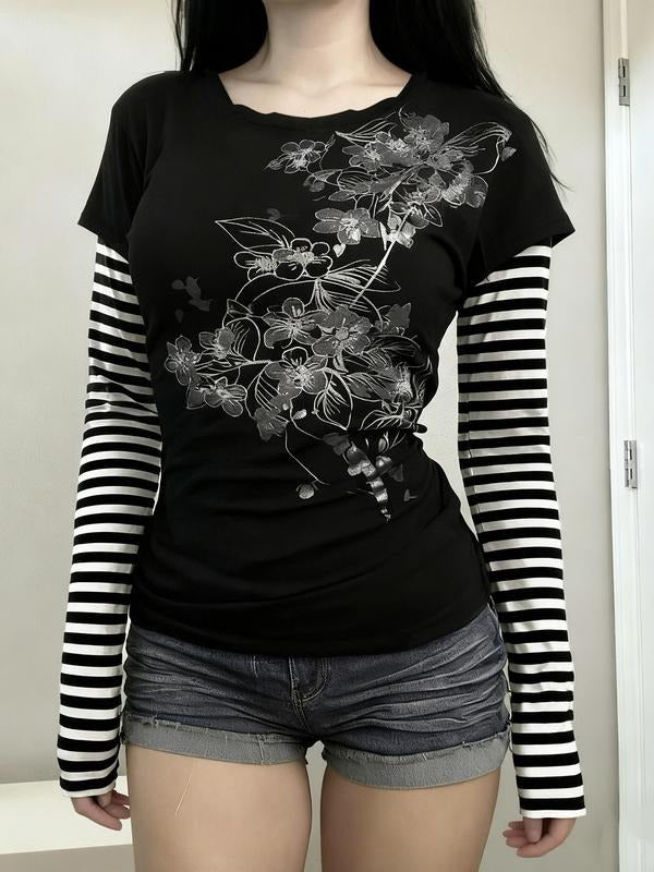Vintage Print Striped Patchwork Long Sleeve Women's T-Shirt, Gothic Street Style, Casual Fashion, Perfect for Daily Wear...