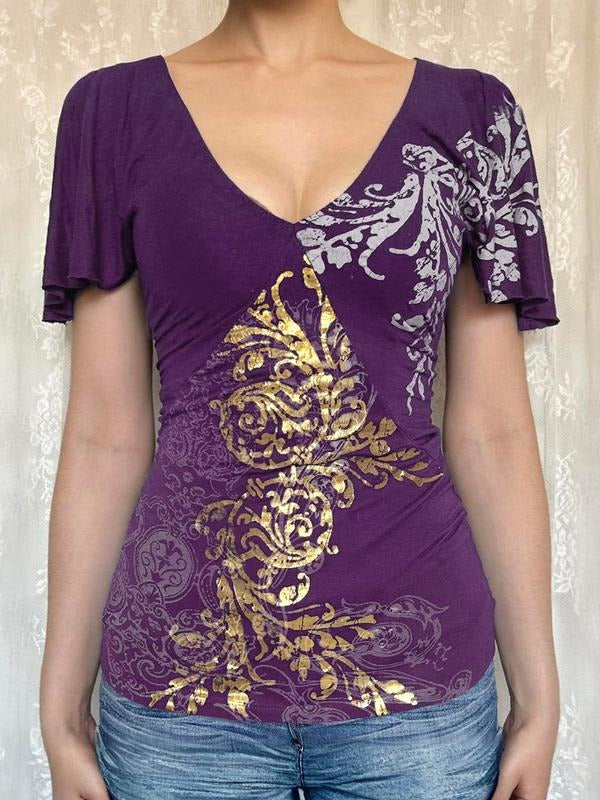 Vintage Print V Neck Flounce Sleeve Women's T-Shirt, Casual Fashion Top for Spring & Fall, Comfortable Cotton Tee for...