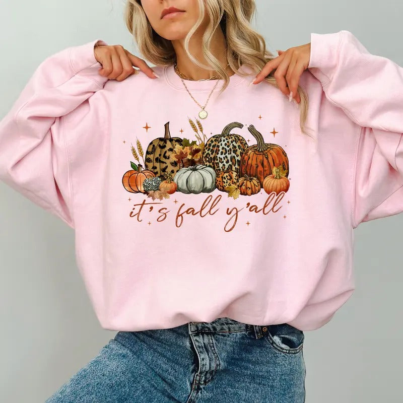 Vintage Pumpkin It's Fall Y'all Sweatshirt, Fall Pumpkin Crewneck, Leopard Pumpkins Graphic Sweater, Spooky Season Tops...