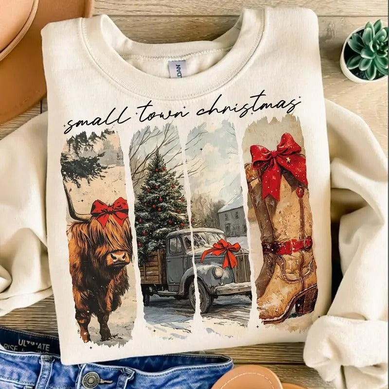 Vintage Small Town Christmas Sweater, Vintage Cow Girl Xmas Vibes Sweatshirt T-Shirts, Hoodie | HypeCrazeTee.com