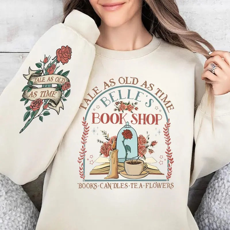 Vintage Tale as Old as Time Sweater + Rose Sleeve Print, Belle's Book Shop Hoodie, Booktok Sweatshirt, Family Trip Shirt