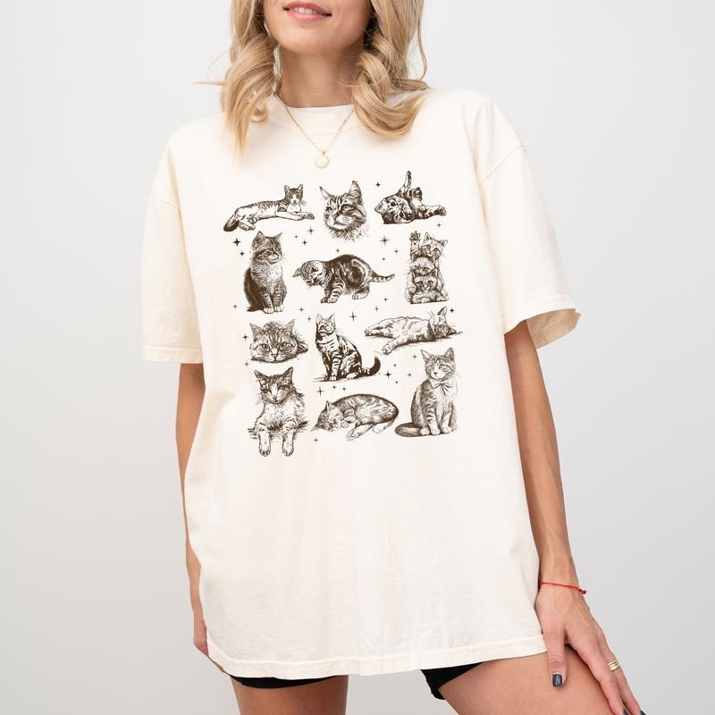 Vintage Tattoo Cat Tshirt, Retro Kitten Graphic Shirt For Girls, Cute Cats Tee, Cat Lovers Gift, Cats In Space Unisex...