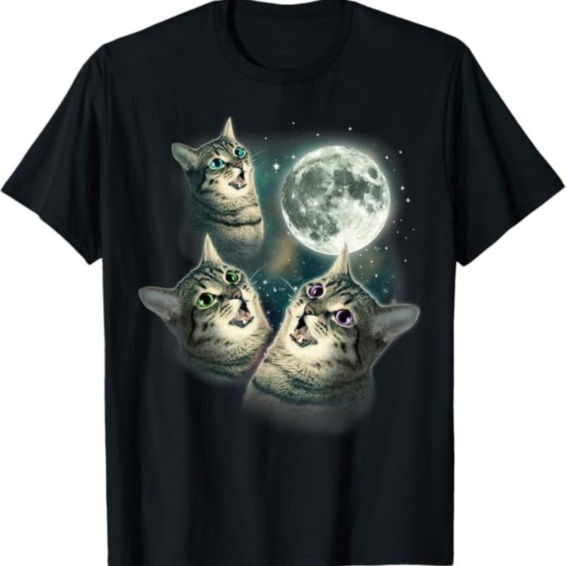 Vintage Three Cat Moon 3 Wolfs Cute Kitten Graphic T-Shirt, Fantasy Kitten Tshirt, Cute Cat Shirt, Love Cat Tshirt, Meme...