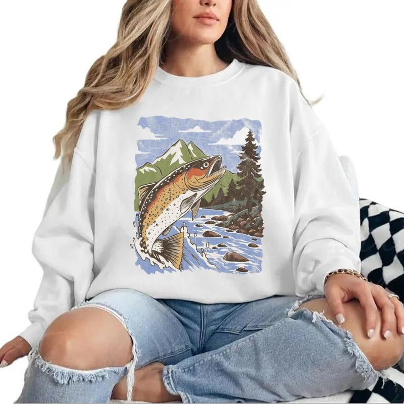 Vintage Trout Fishing Mountain River Adventure Sweatshirt Rustic Fisherman Graphic Outdoor for T-Shirts Unisex Cotton...