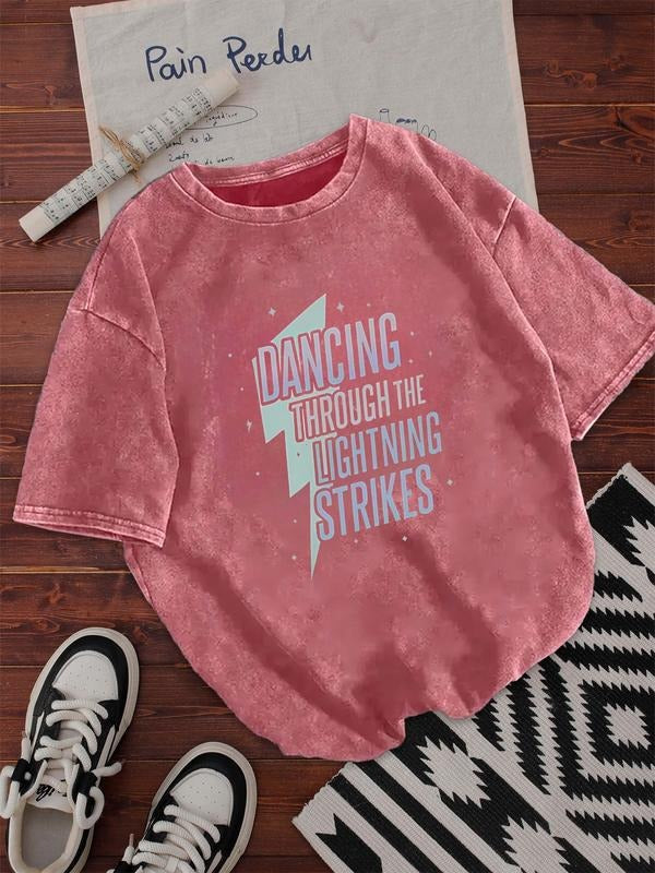 Vintage Washed Round Neck T-Shirt, Dancing Through Lightning Strikes Slogan, Cool and Unconventional, Skin-Friendly,...