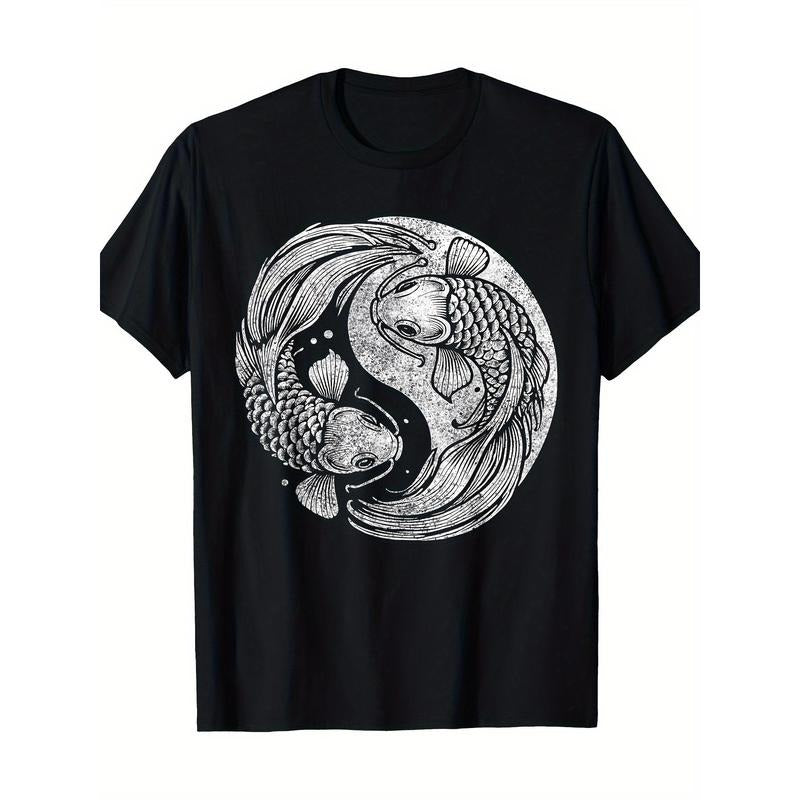 Vintage Yin-Yang Koi Fish Graphic Tee for Men - 100% Cotton, Short Sleeve, Crew Neck T-Shirt