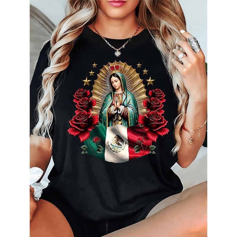 [Virgin Mary Mexican Flag Tee] Women's Virgin Mary & Mexican Flag Print Short Sleeve T-Shirt - Black Religious Casual Top...