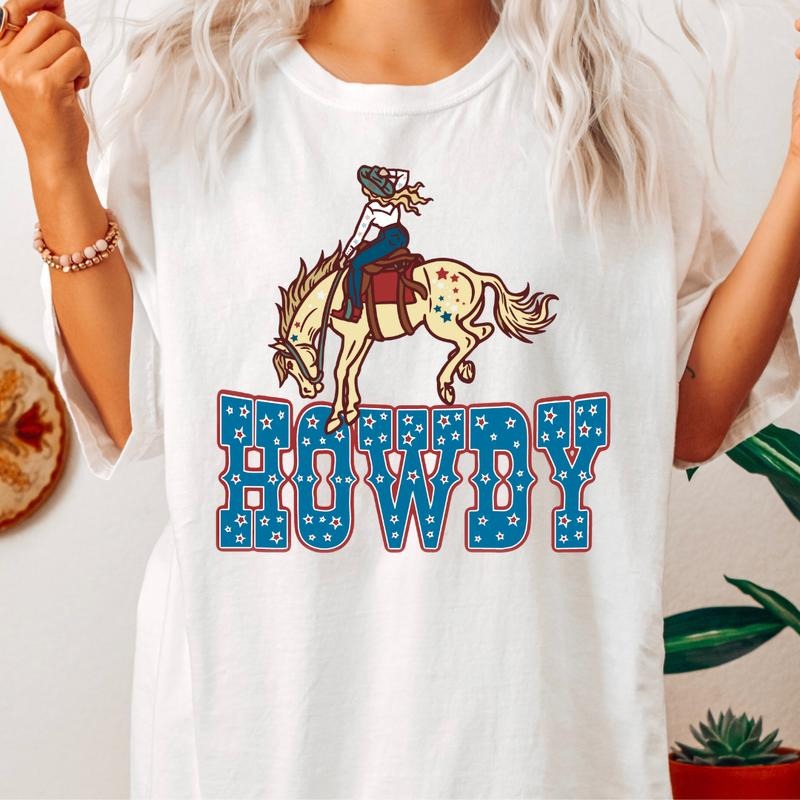 WESTERN JULY 4TH SHIRT, HOWDY HORSE SHIRT, 4TH OF JULY MEN SHIRT, UNISEX COTTON SHIRT, OVERSIZED HOLIDAY SUMMER SHIRT...