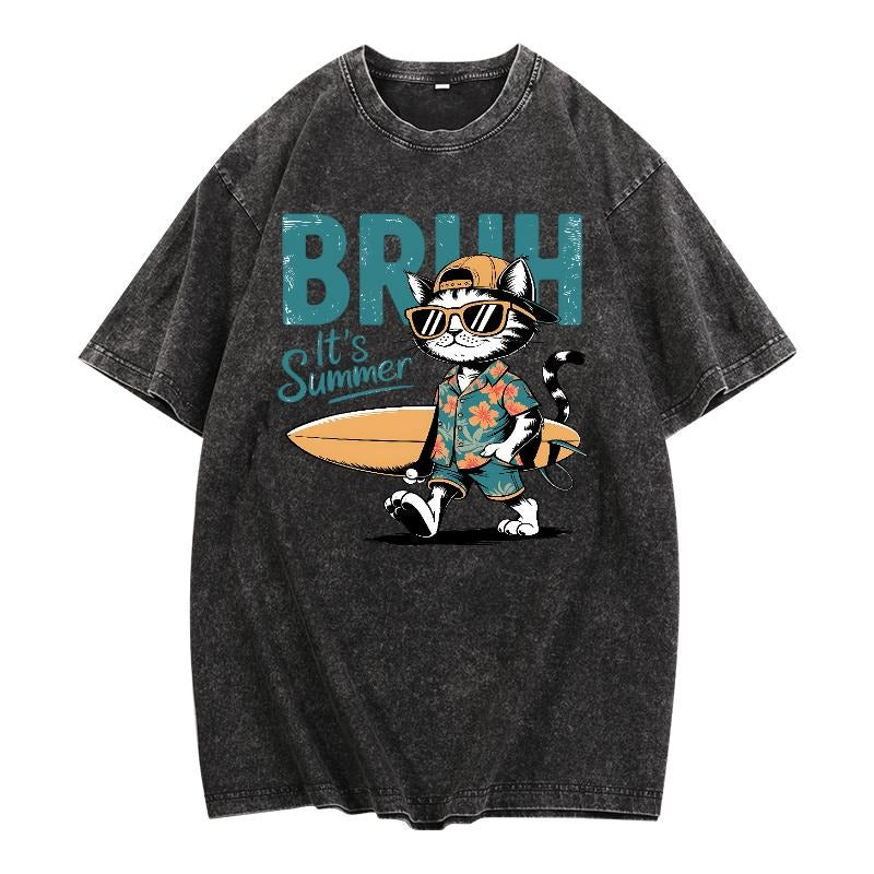 Washed - Look T - Shirt: "BRUH It's Summer" with Cool Cat in Surfing Gear Hoodie, Sweatshirt | HypeCrazeTee.com