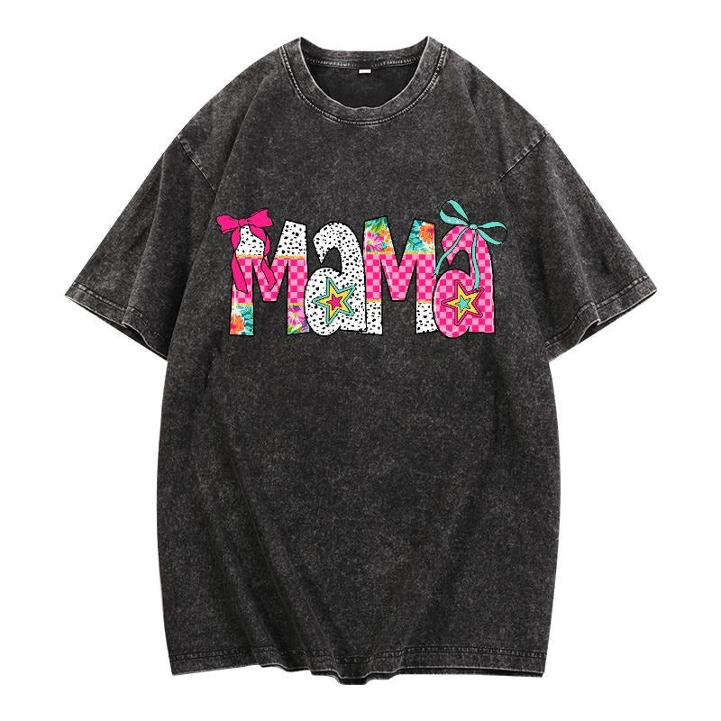 Washed T - Shirt with Dynamic "Mama" Design: Fun Patterns and Bows for a Trendy Vibe Hoodie, Sweatshirt | HypeCrazeTee.com