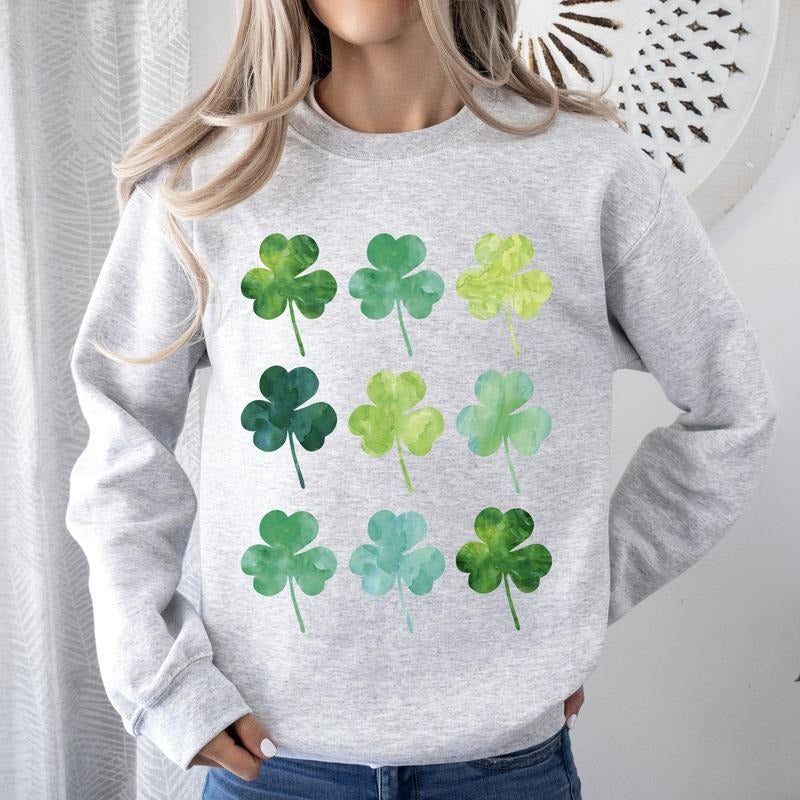 Watercolor Shamrocks In Rows, St Patrick's Day Sweatshirt T-Shirts, Hoodie | HypeCrazeTee.com