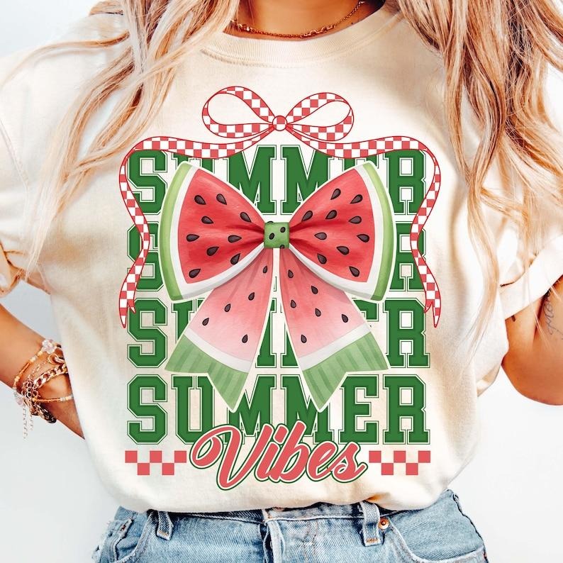 Watermelon Summer Vibes Retro Girly Coquette Bow Hello Summer Preppy Trendy T-Shirt Hoodie, Sweatshirt | HypeCrazeTee.com