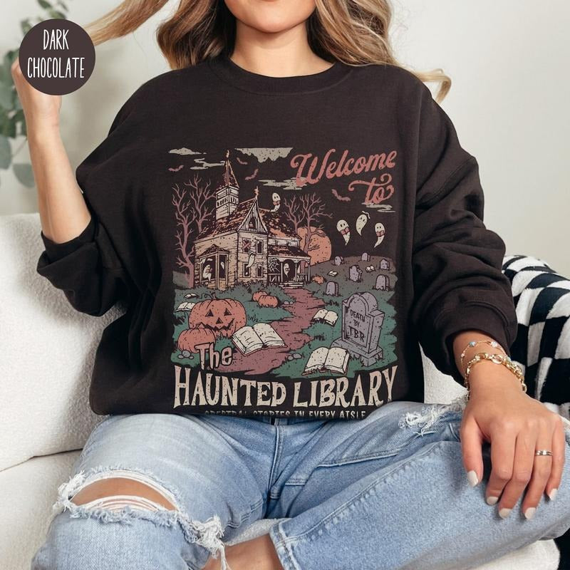 Welcome To The Haunted Library Sweatshirt, Bookish Halloween Shirt, Funny Halloween Librarian T-Shirt, Ghost Reading Book...