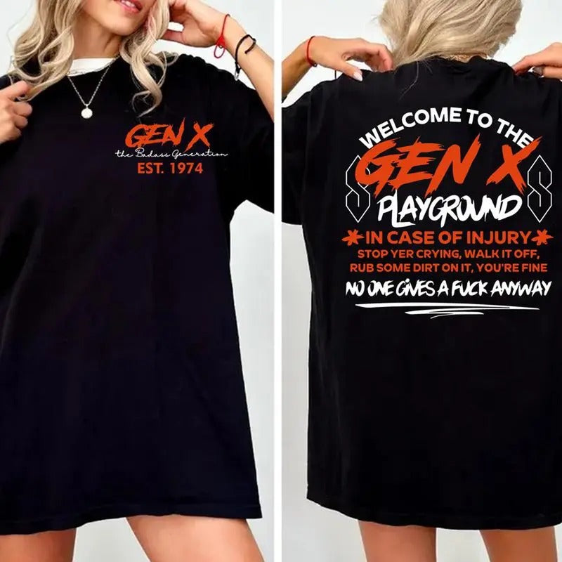 Welcome to the Gen X Playground Tee, Gen X est 1974 No One Give Fxck Anyway Shirt, Y2K Graphics Unisex Cotton Shirt for...