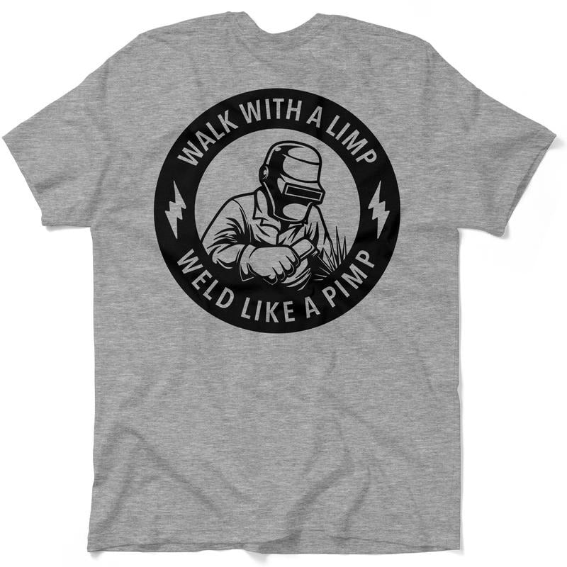 Weld Like A Pimp - Men's Heather Grey Everyday Casual T-Shirt Collar Jersey Menswear Top Flag Sleeve Cotton Tshirt...